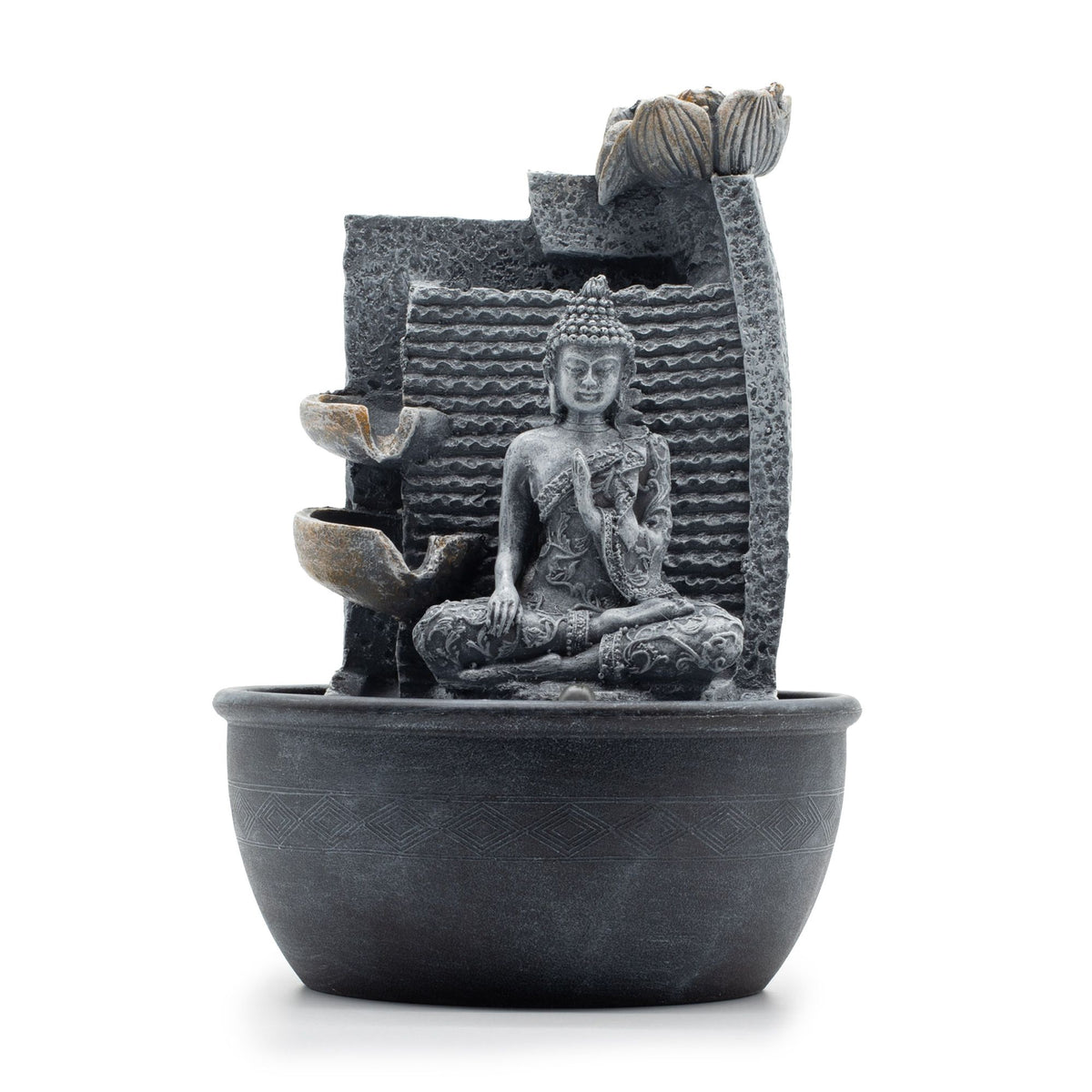 Buddha and Lotus Tabletop Water Feature, Cascading Pots