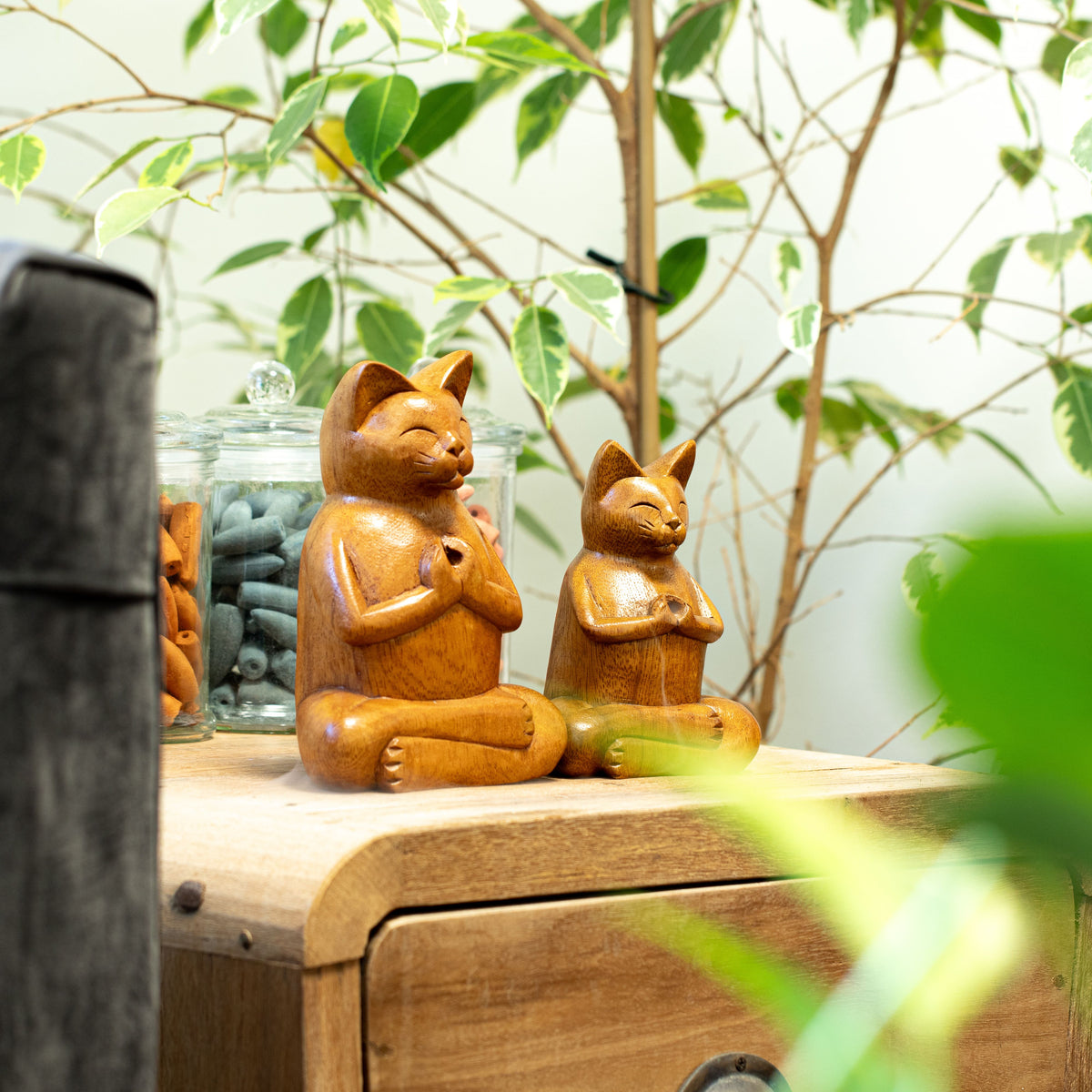 Carved Wooden Incense Burner - Large Yoga Cat – view 8