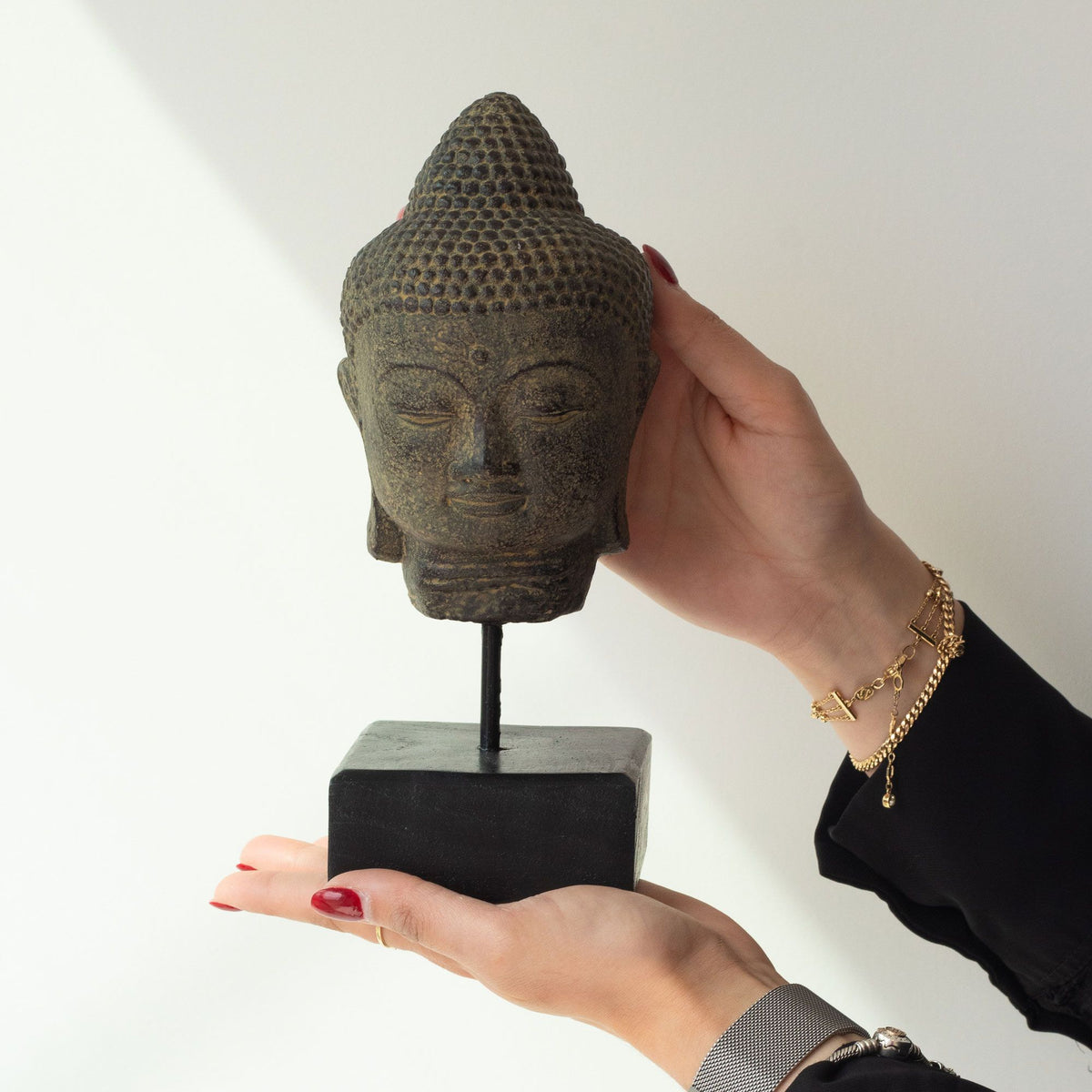 Stillness Buddha Head Statue on Stand, Grey