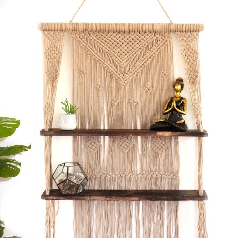Macrame Hanging Shelf - Brown Wood, Brown Rope, 150 cm – view 2