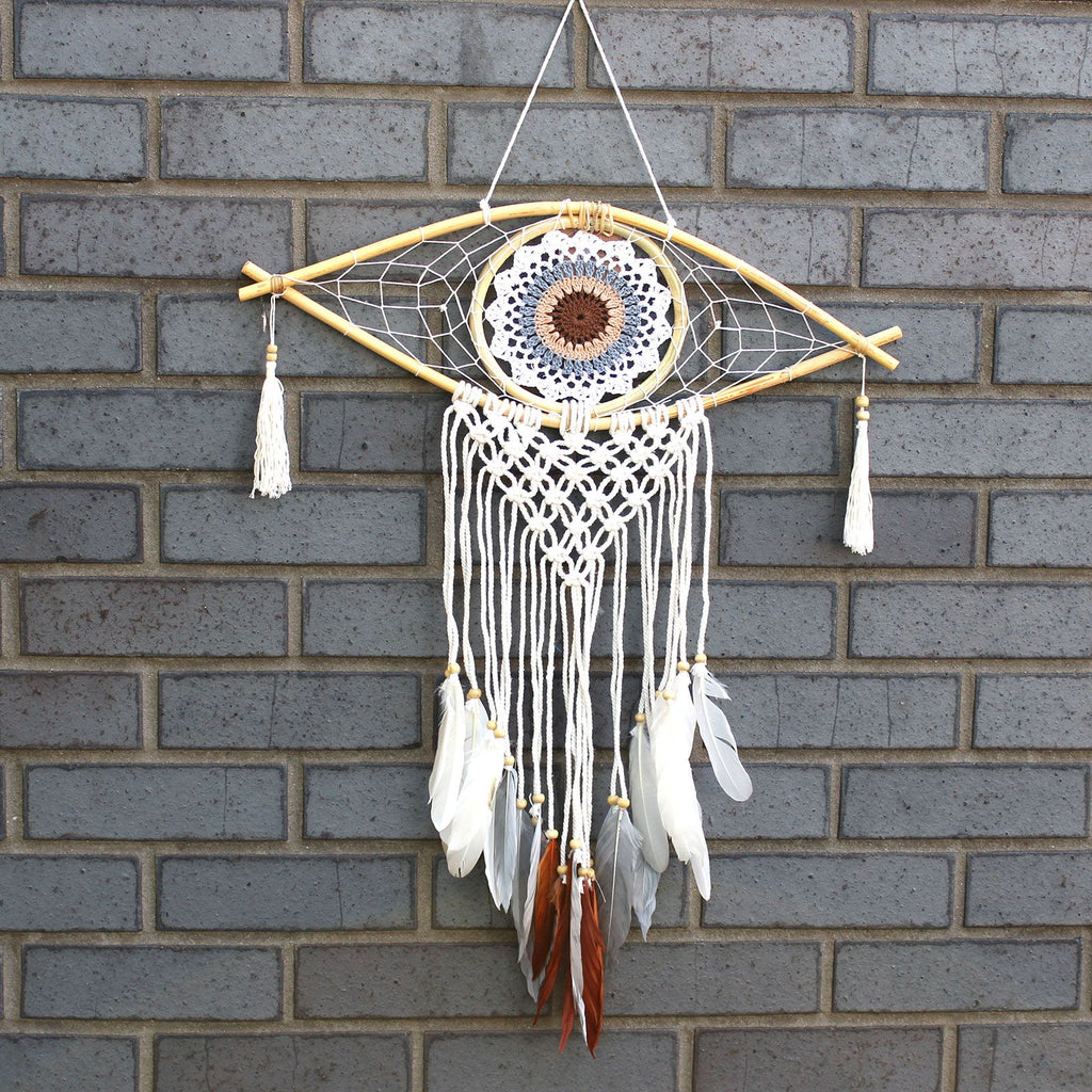 Medium Macrame Eye Dream Catcher - White, Grey & Brown