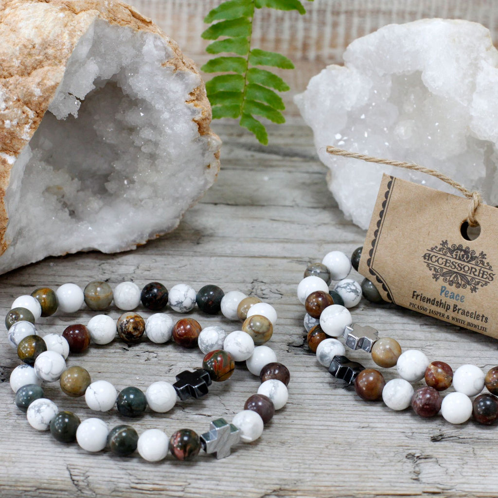 Peace Friendship Bracelet Set - Picasso Jasper & White Howlite – view 3
