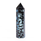 Engraved Black Obsidian Point - Sky Blue Celestial Symbols – view 4