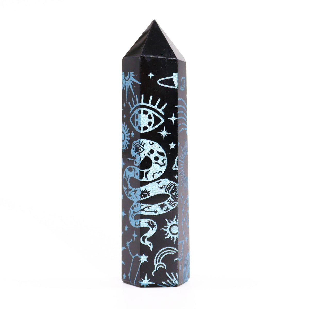 Engraved Black Obsidian Point - Sky Blue Celestial Symbols – view 4