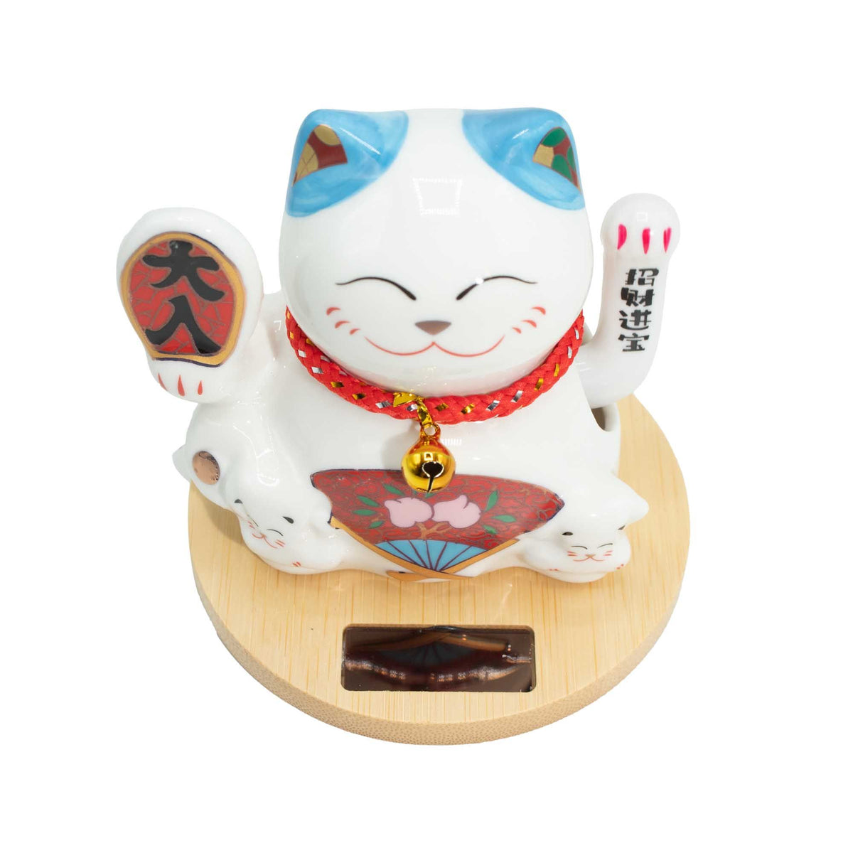 Solar Money Cat, Wooden Base - Blue