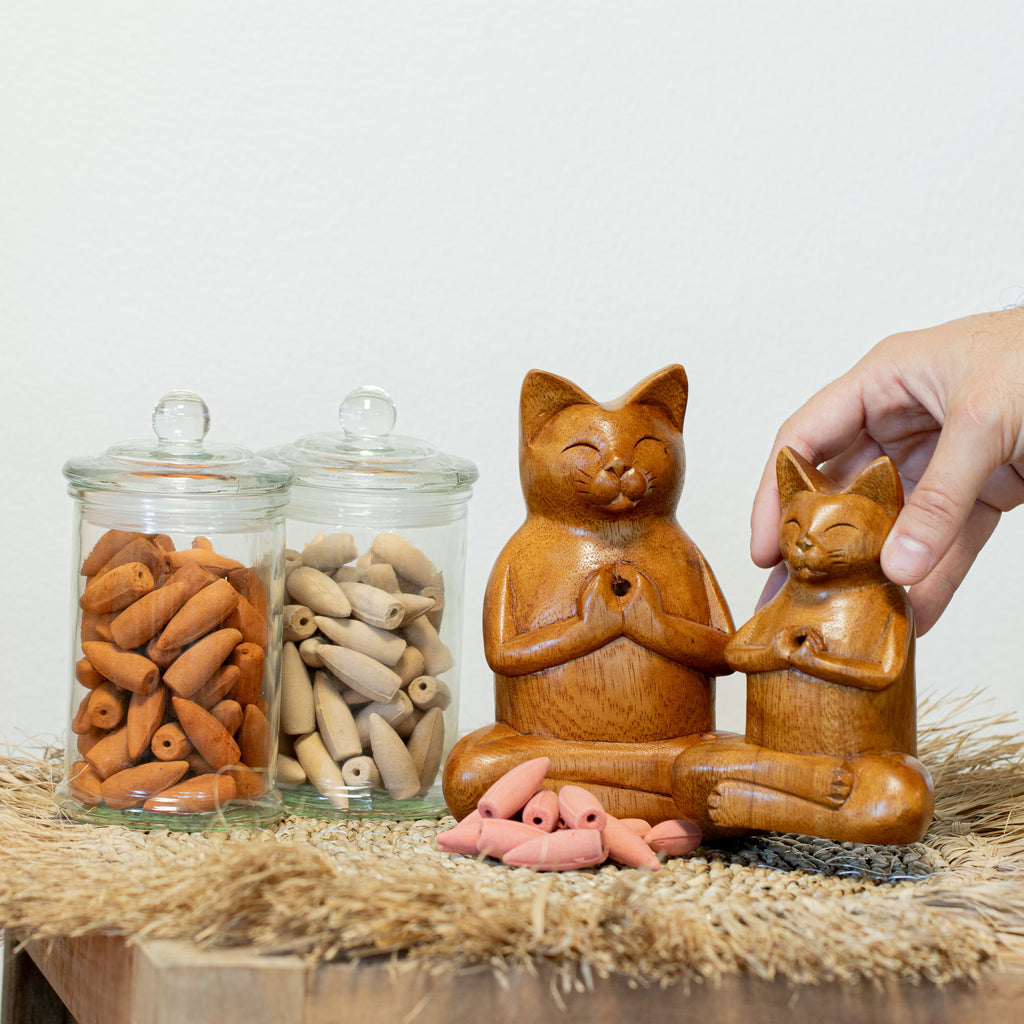 Carved Wooden Incense Burner - Large Yoga Cat – view 9