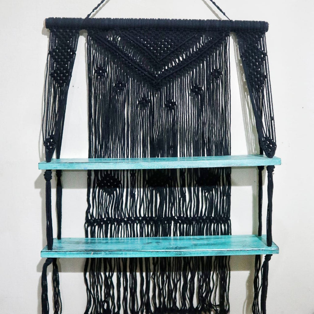 Macrame Hanging Shelf - Black Wood, Turquoise Rope, 150 cm – view 8