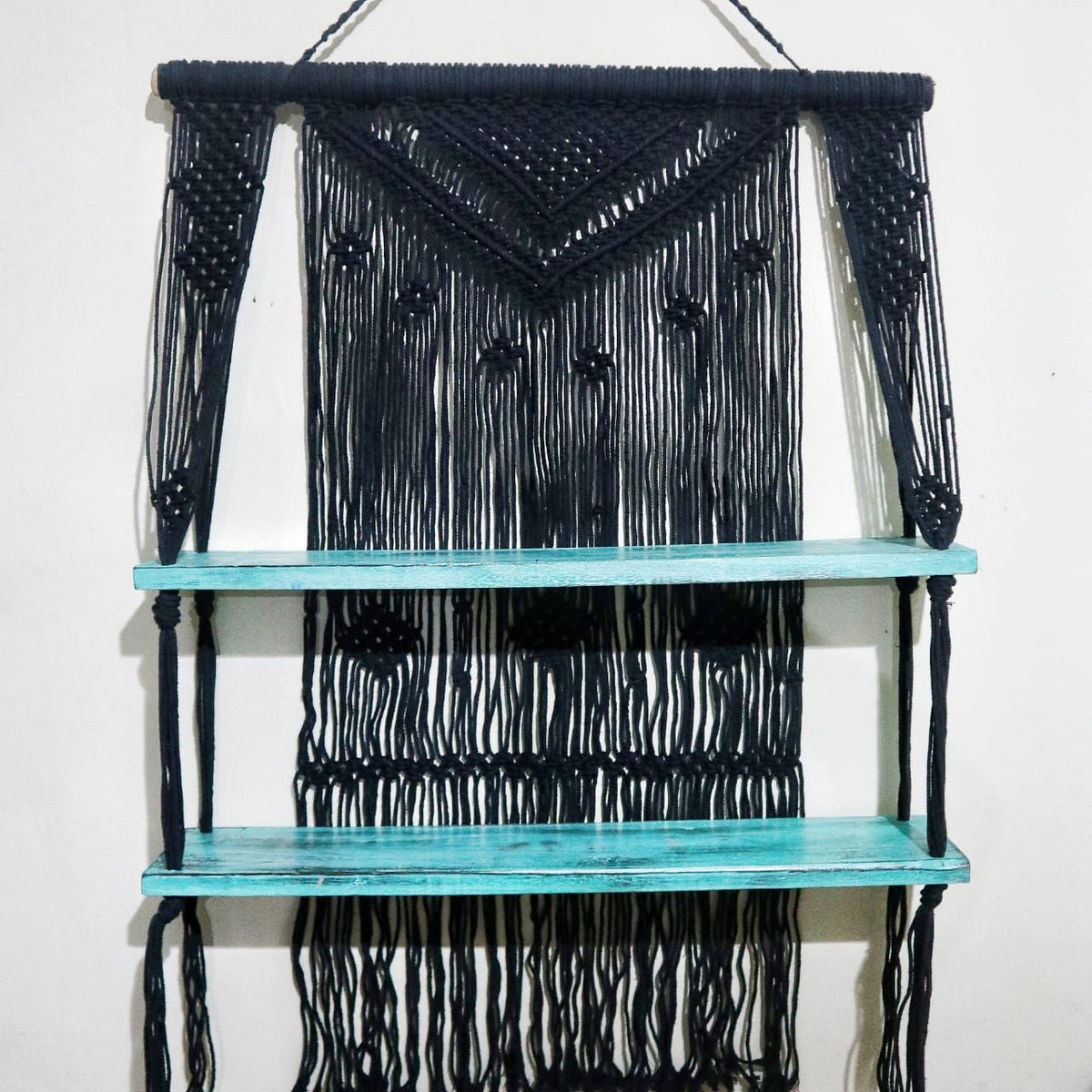 Macrame Hanging Shelf - Black Wood, Turquoise Rope, 150 cm – view 8