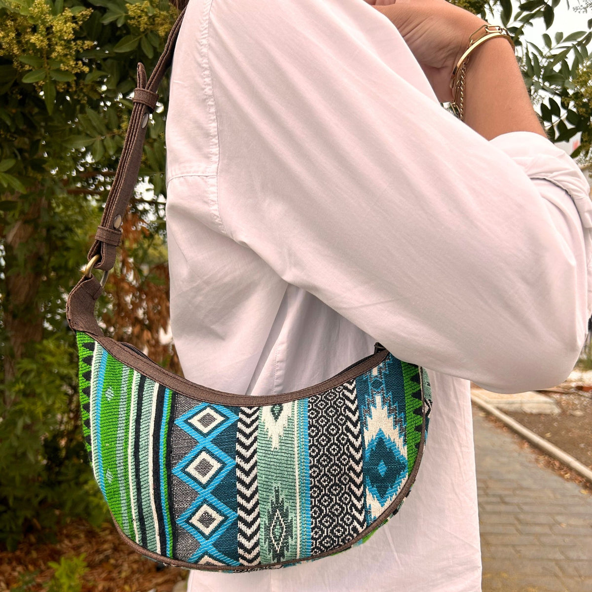 Jacquard Hobo Bag - Bold Greens, Brown Strap – view 4