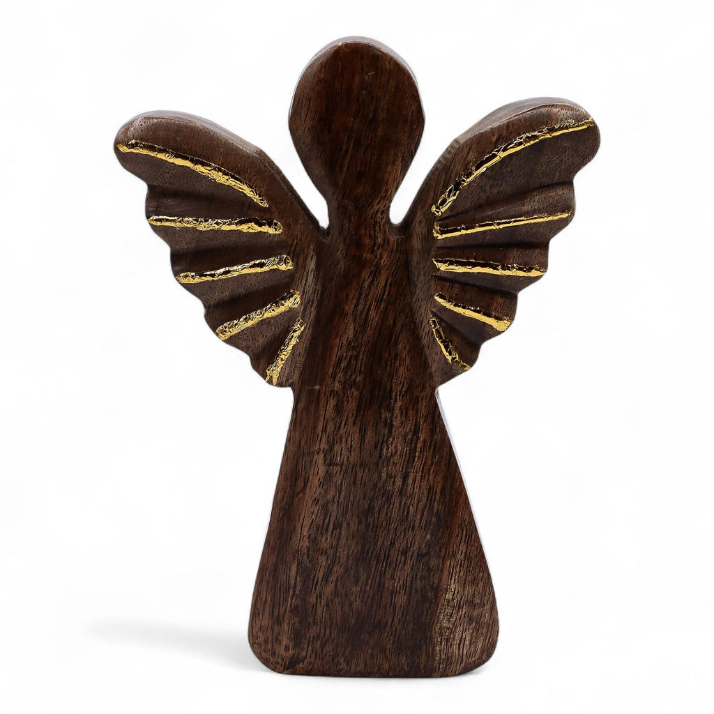 Large Mango Wood Angel - Gold Wings, 19cm