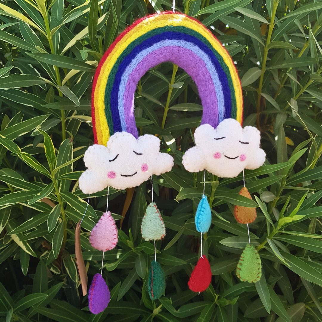 Handmade Felt Mobile, Rainbow Happy Clouds