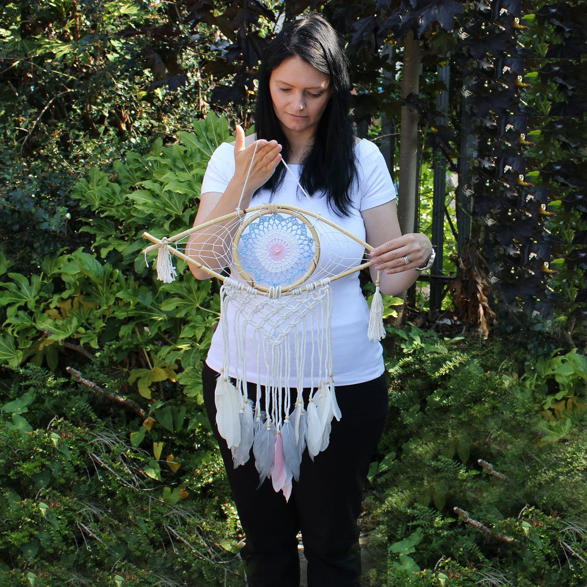 Medium Macrame Evil Eye Dream Catcher - Blue, White & Black – view 2