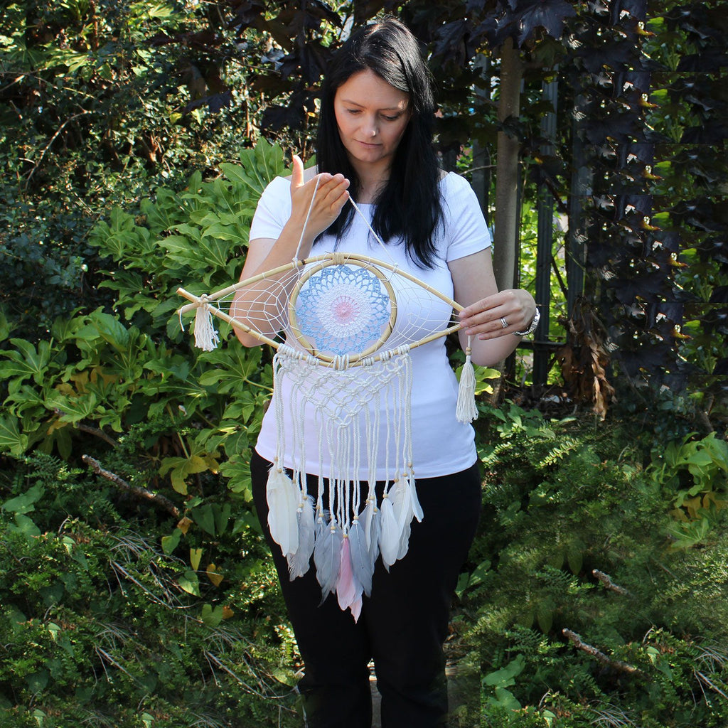 Medium Macrame Eye Dream Catcher - Blue, White & Pink – view 2