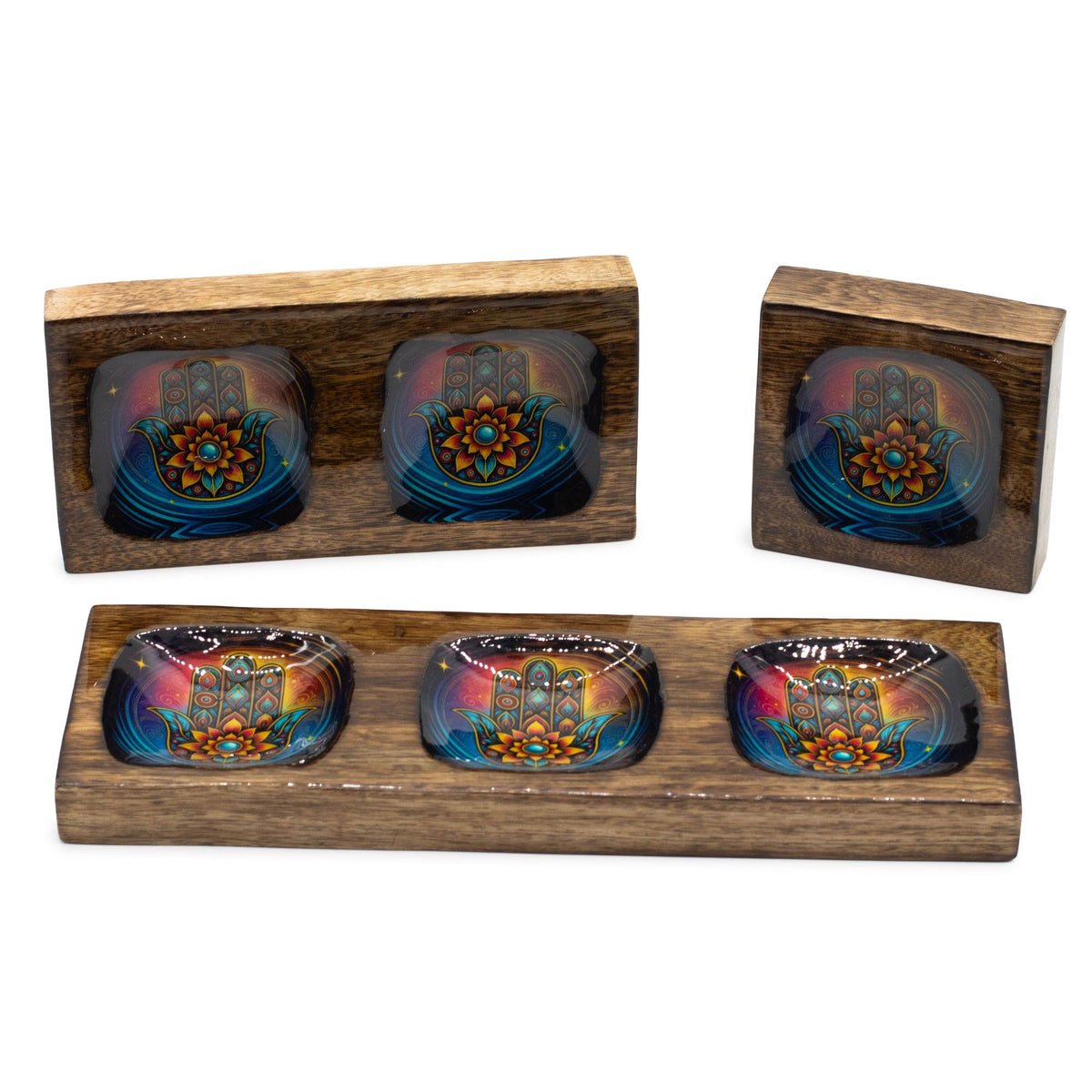 Mango Wood Enamelled Tray Set, Hamsa Design, Medium – view 6