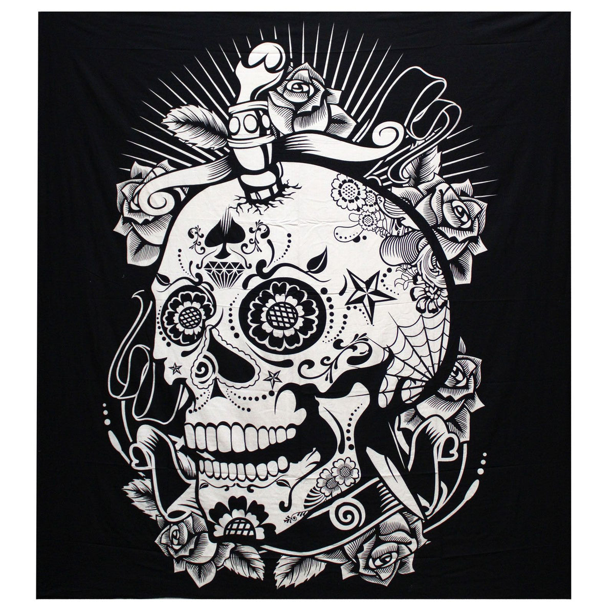 Black and White Cotton Bedspread, Rose Skull