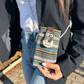 Cotton Phone Holder Bag with Owl Print, Multi and White Stripes