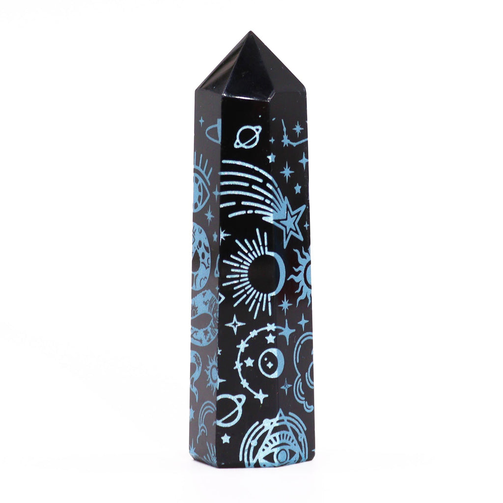 Engraved Black Obsidian Point - Sky Blue Celestial Symbols – view 3