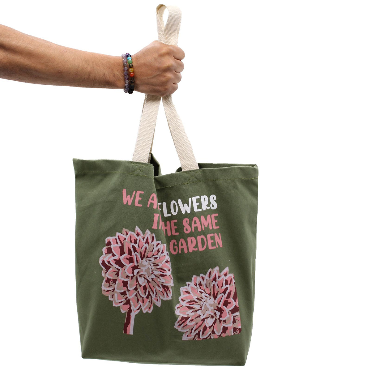 Printed Cotton Bag - We are Flowers, Olive Pink Natural – view 3