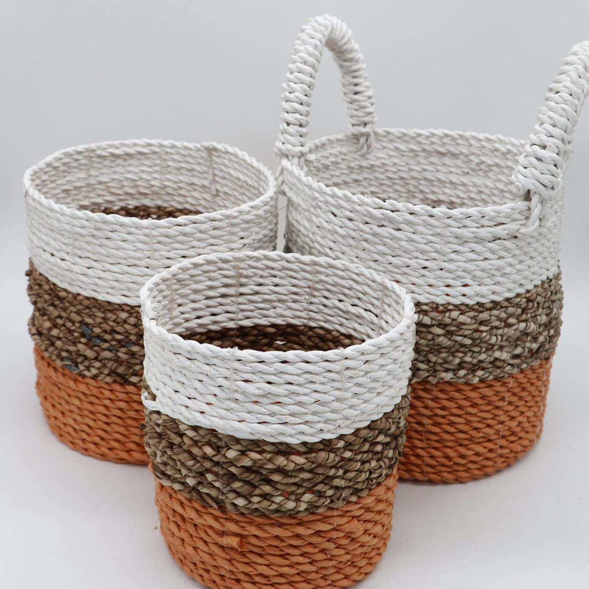 Seagrass Basket Set, 3 Pieces - Orange, Natural, White