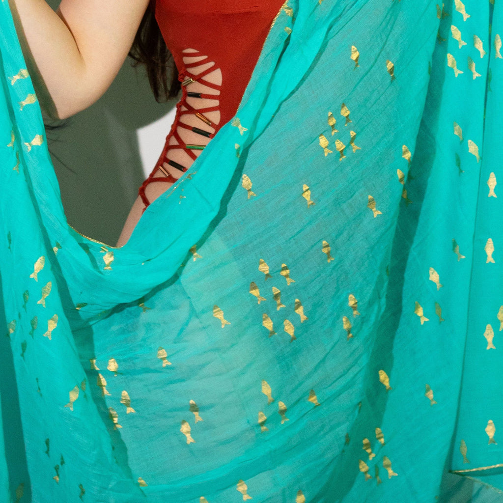 Nomad Sari Turquoise Pareo with Gold Fish Design