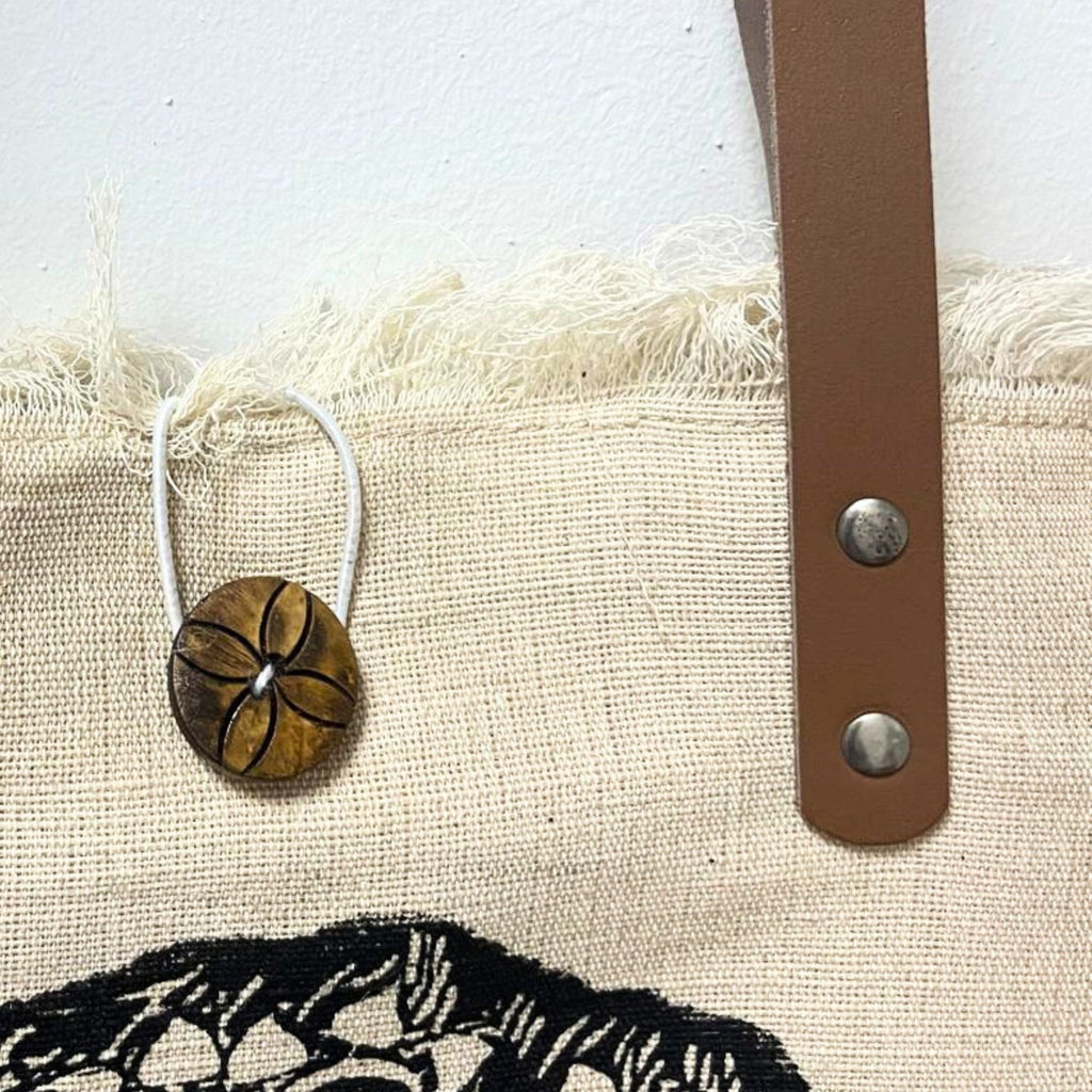 Natural Cotton Tote Bag with Leather Handle - Flower of Life – view 4