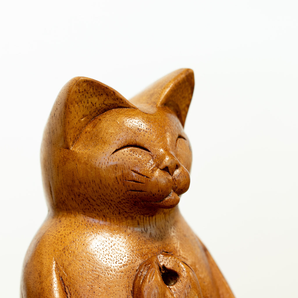 Carved Wooden Incense Burner - Large Yoga Cat – view 10