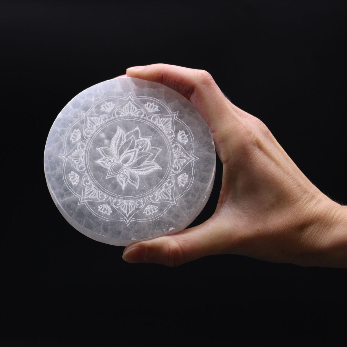 Selenite Medium Plate 10cm - Lotus Mandala Design – view 2