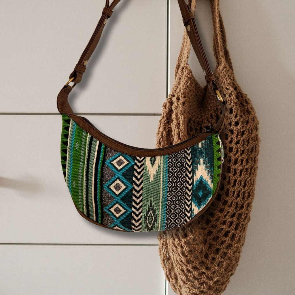 Jacquard Hobo Bag - Bold Greens, Brown Strap – view 3