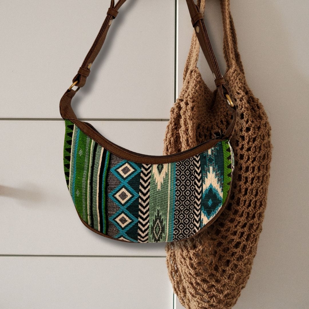 Jacquard Hobo Bag - Bold Greens, Brown Strap – view 3