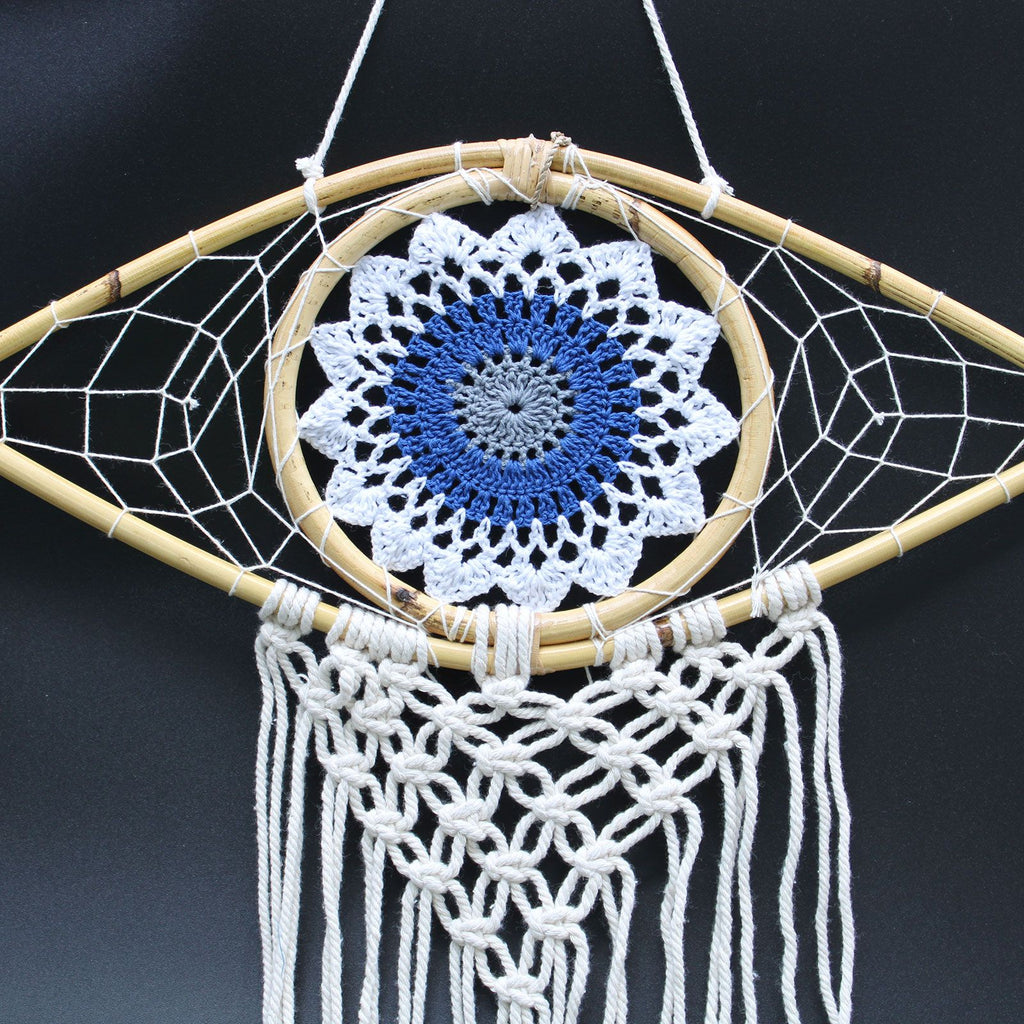 Medium Macrame Eye Dream Catcher - White, Blue & Grey – view 2