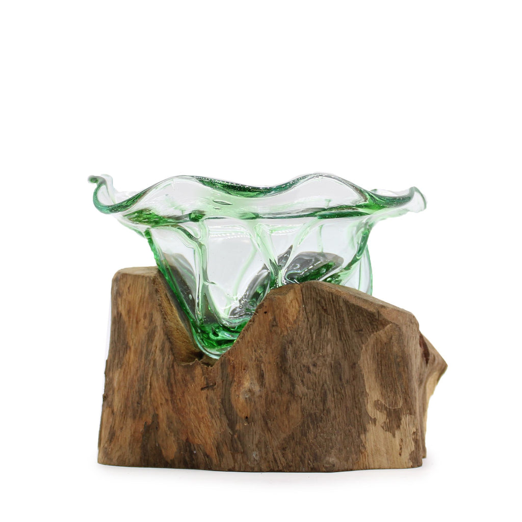 Recycled Glass Bowl on Wood - Large Fancy