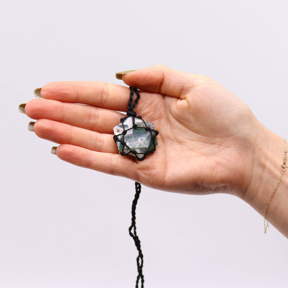 Laced Gemstone Hexagon Pendant - Moss Agate – view 3