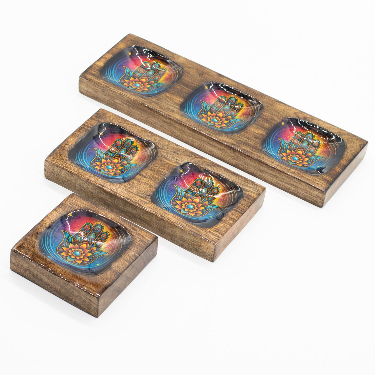 Mango Wood Enamelled Tray Set, Hamsa Design, Medium – view 3