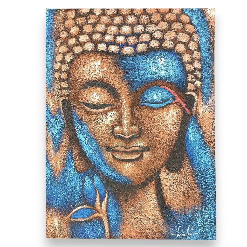 Buddha Painting, Bronze & Blue Flower - 75 x 55cm