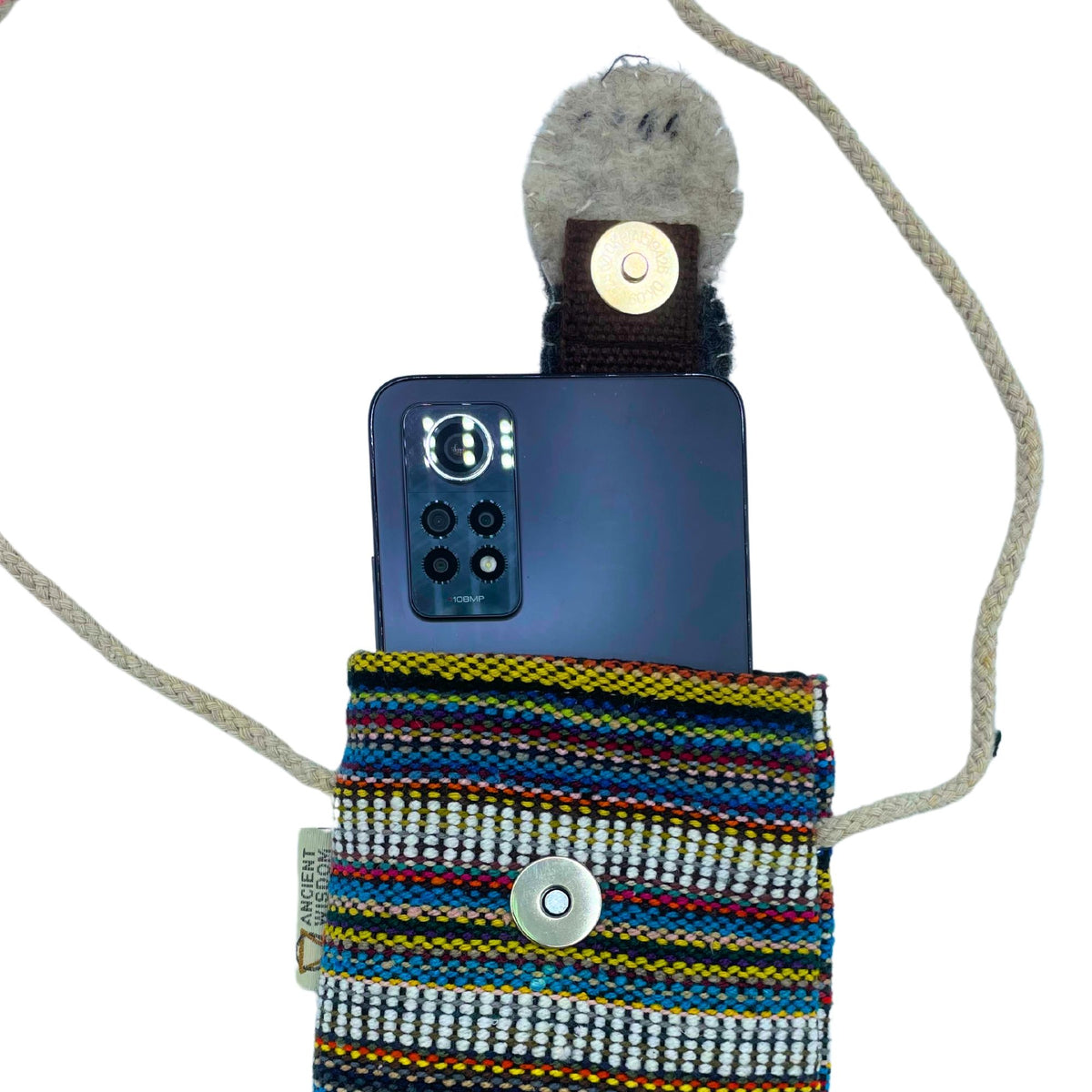 Cotton Phone Holder Bag with Owl Print, Multi and White Stripes – view 3