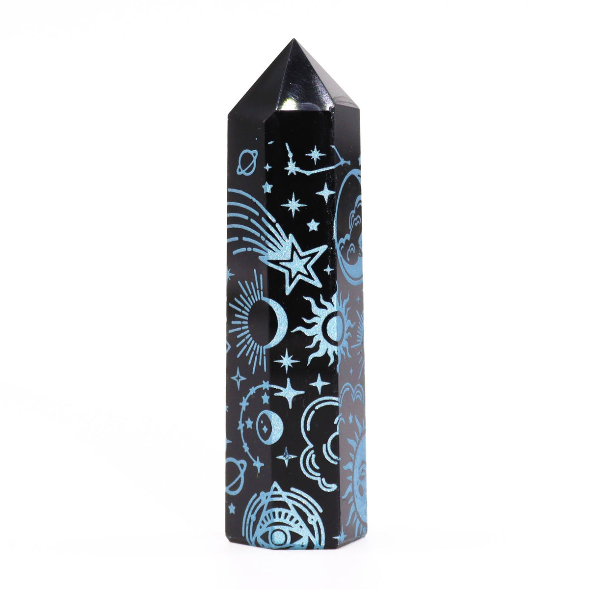 Engraved Black Obsidian Point - Sky Blue Celestial Symbols – view 2