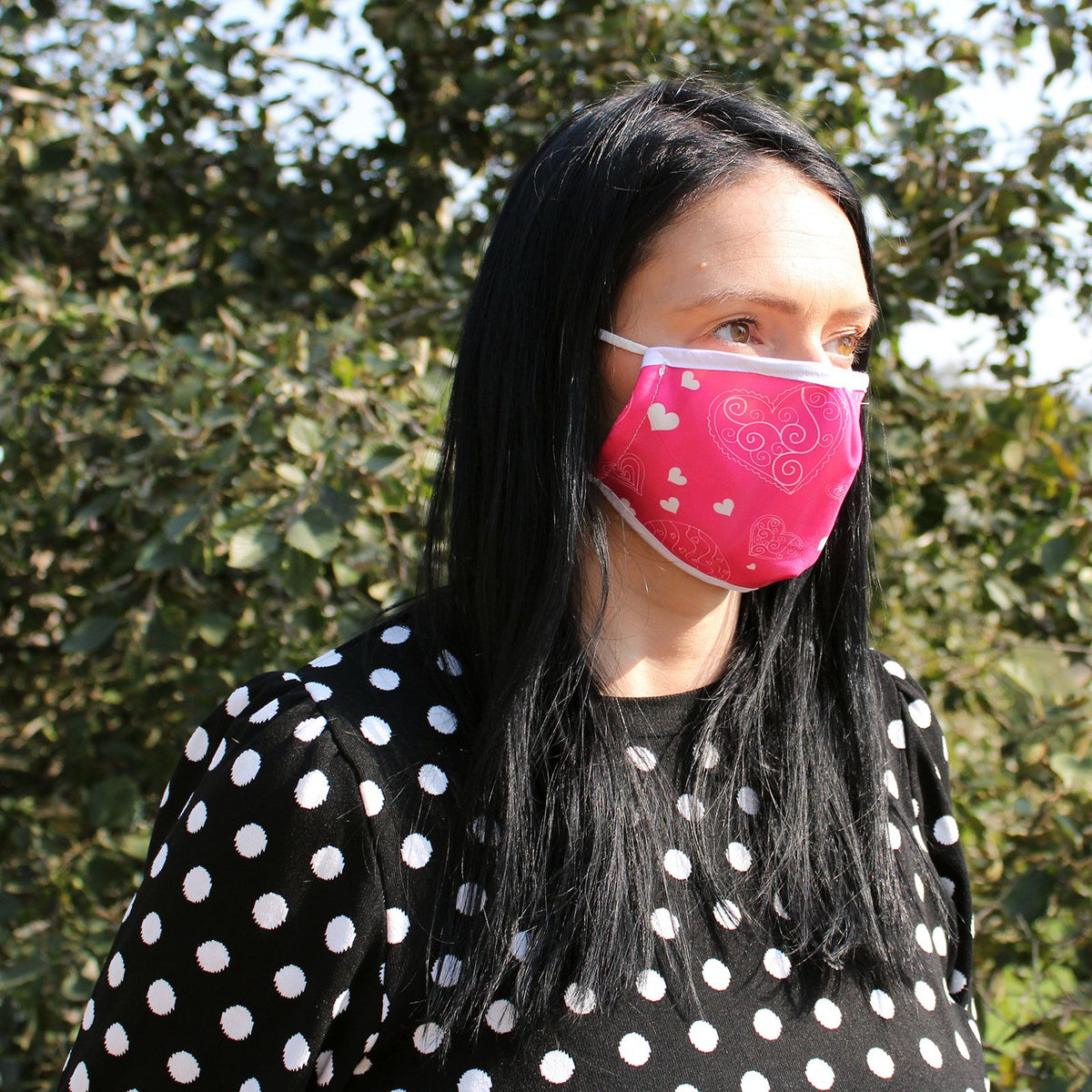 Reusable Fashion Face Covering - Pink Hearts Print (Adult) – view 2