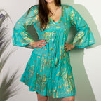 Nomad Sari Cotton Dress - Turquoise & Gold Coral Print – view 2
