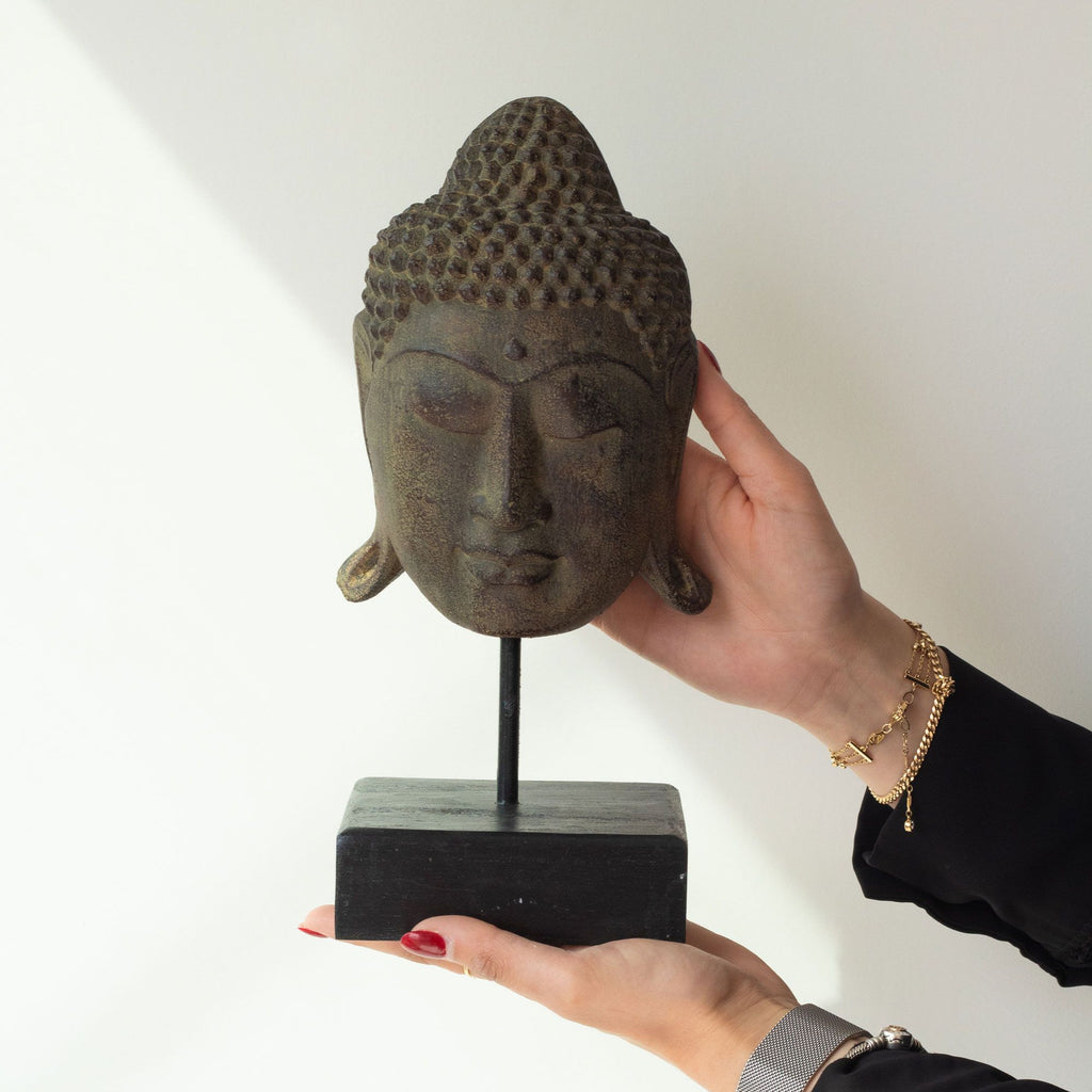 Large Buddha Head Statue on Stand, Grey