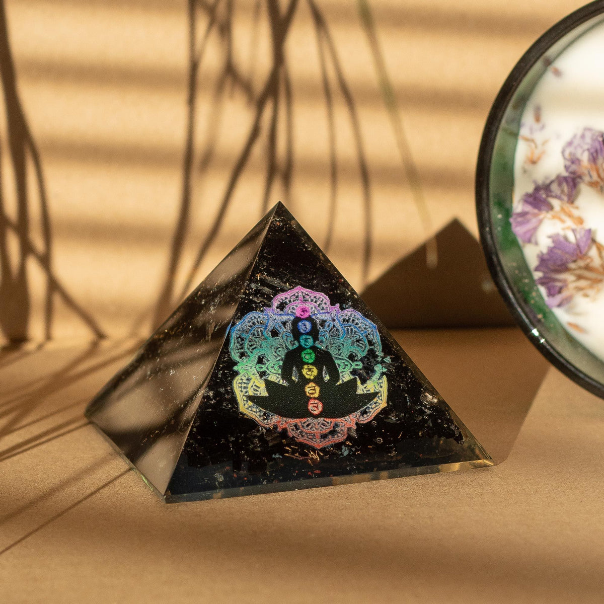 Small Orgonite Pyramid - Chakra Buddha with Black Tourmaline – view 3