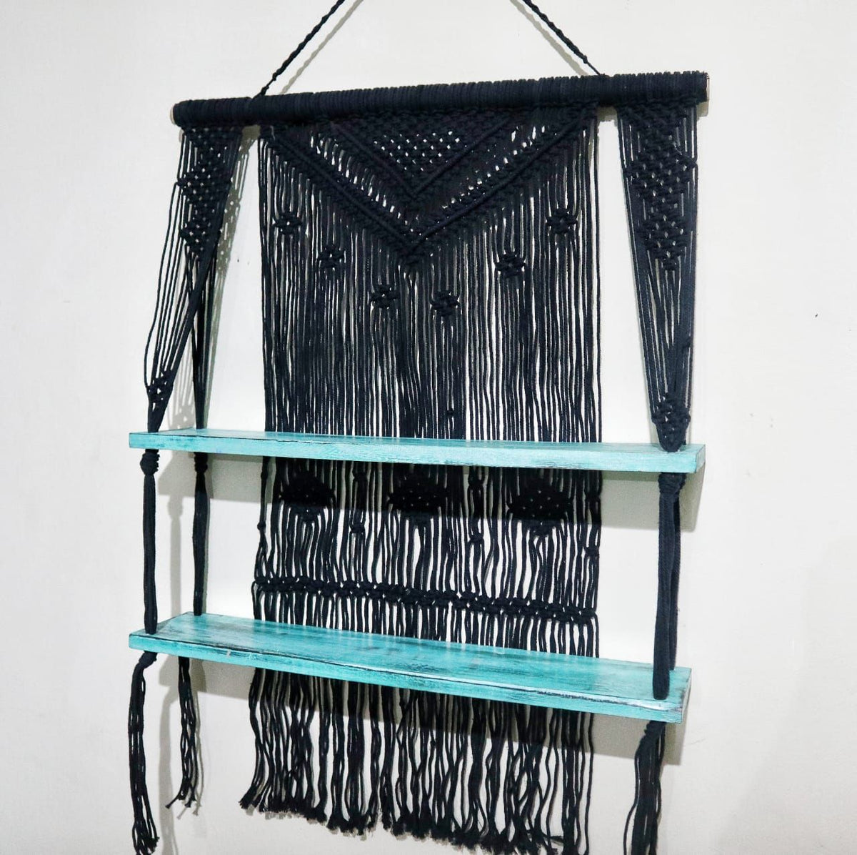 Macrame Hanging Shelf - Black Wood, Turquoise Rope, 150 cm – view 7
