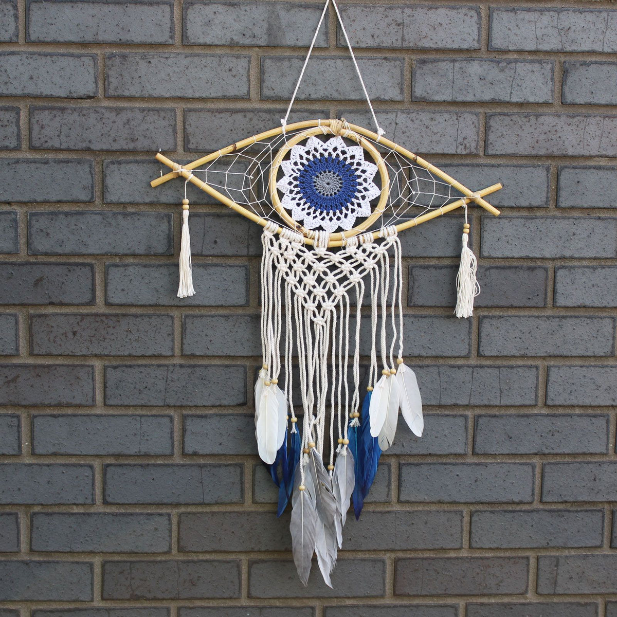 Medium Macrame Eye Dream Catcher - White, Blue & Grey – view 4
