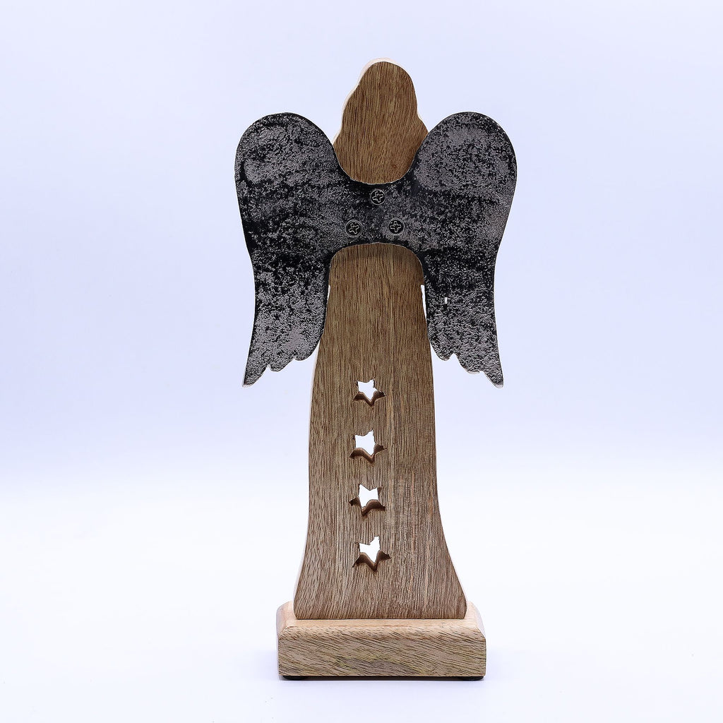 Large Mango Wood Star Angel, Metal Wings, 30cm – view 6