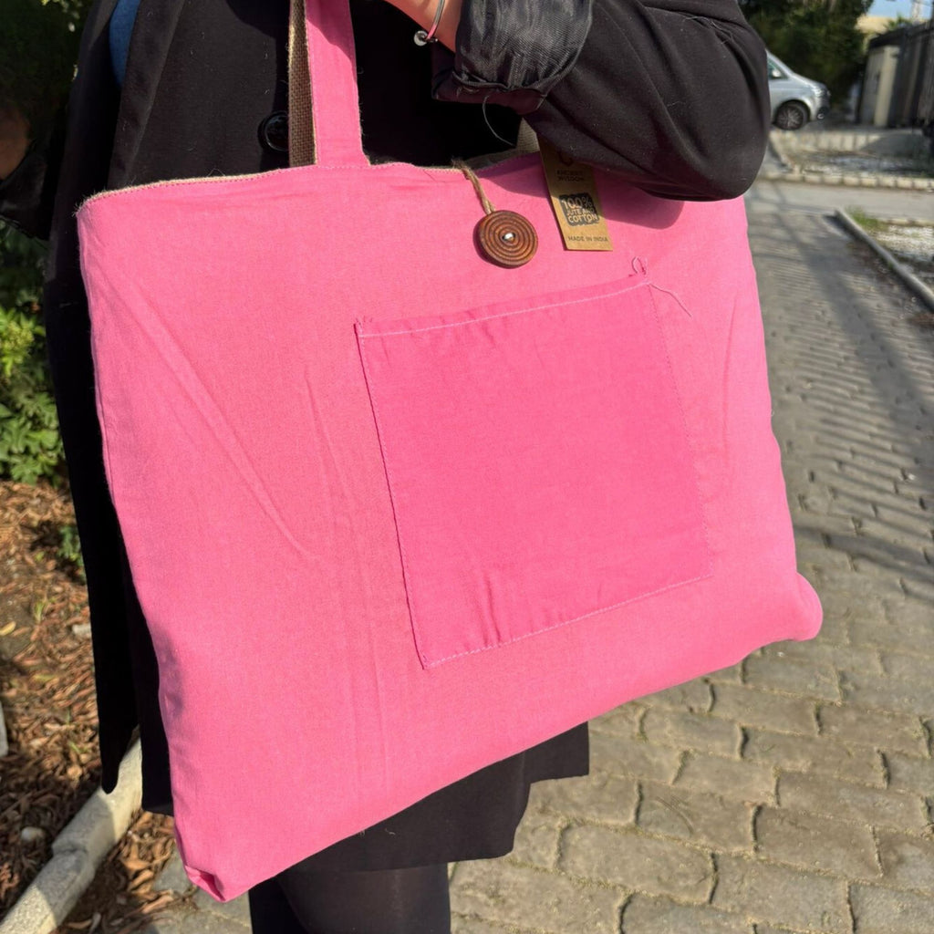 Reversible Jute and Cotton Big Bag in Pink – view 3