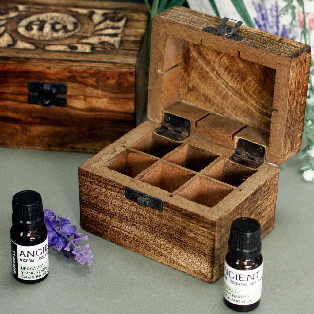 Carved Mango Wood Essential Oil Box - Holds 6 Bottles