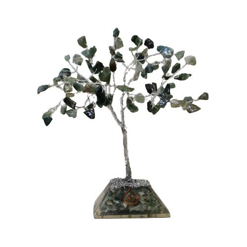 Moss Agate Gemstone Tree with Orgonite Base - 80 Stone