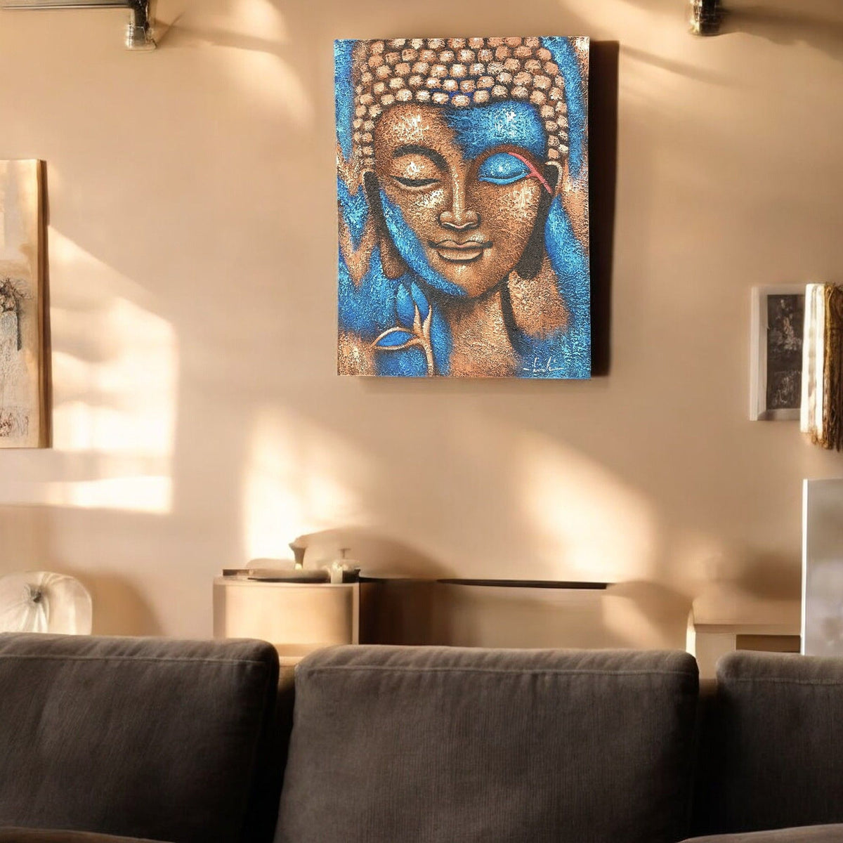 Buddha Painting, Bronze & Blue Flower - 75 x 55cm – view 4