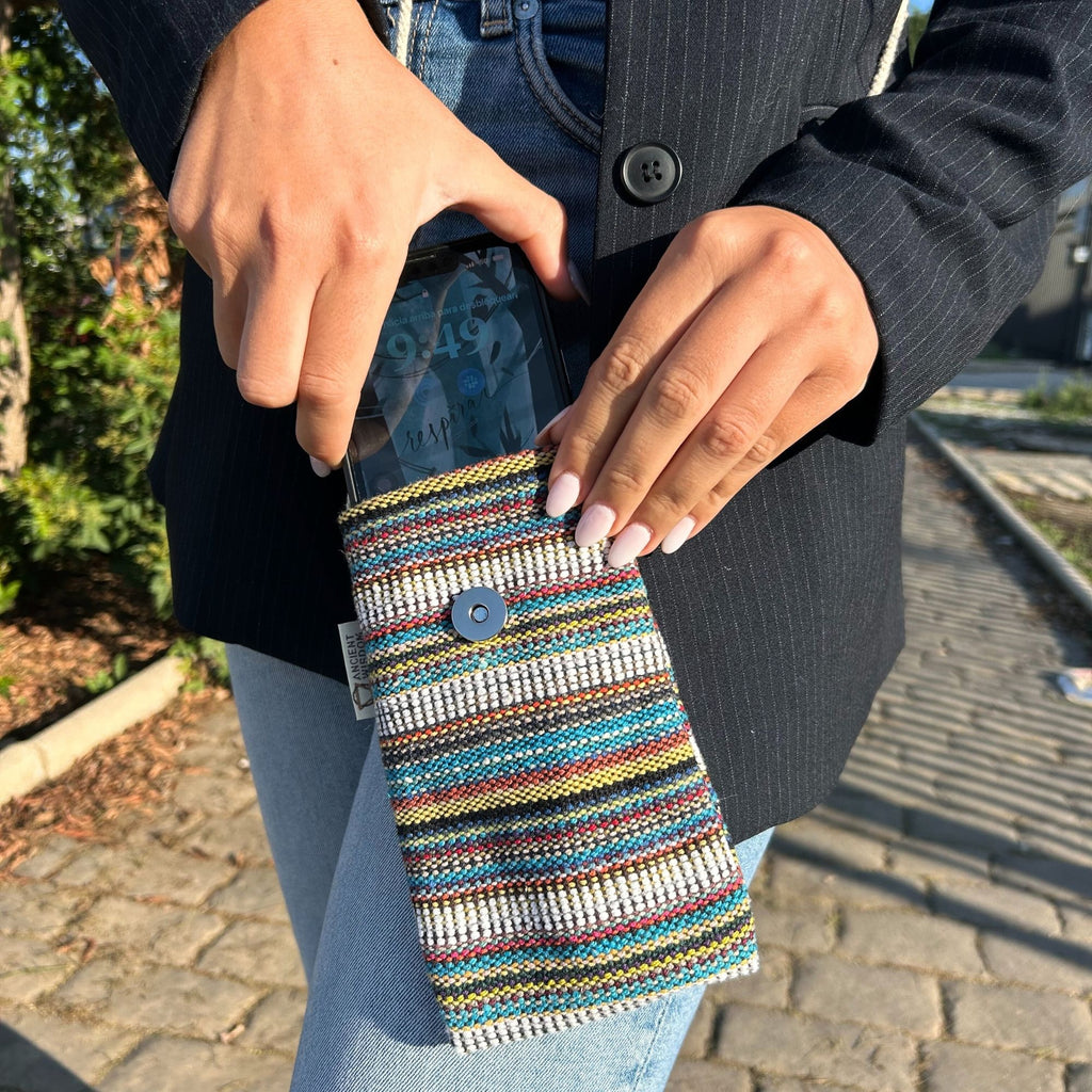 Cotton Phone Holder Bag with Owl Print, Multi and White Stripes – view 2